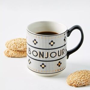 Anthropologie Bistro Tile Stoneware 24k Gold Accent Mug Bonjour Edition